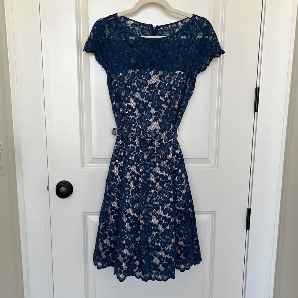 Eliza J Blue Floral Lace Dress Belted with pockets